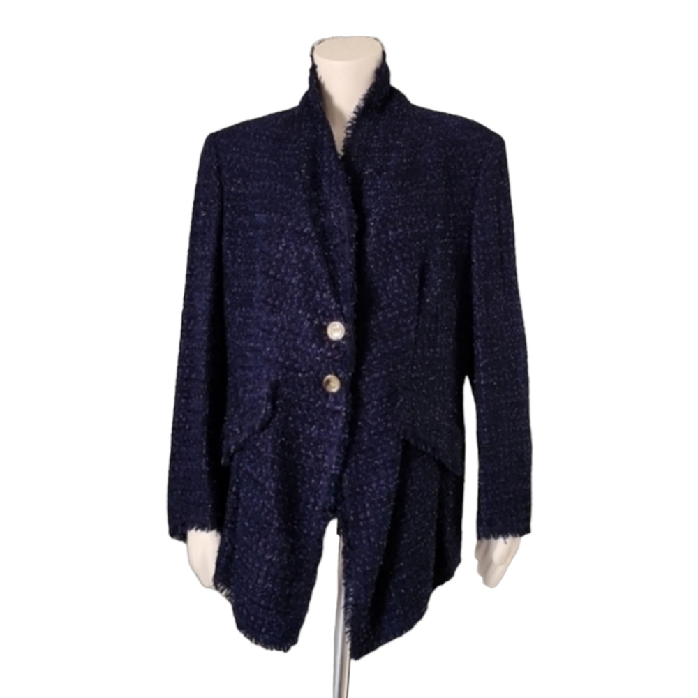 VINTAGE ESCADA Bouclé Tweed Blazer 44 M Blue Silk Wool Textured Sparkle Jacket - Picture 5 of 16
